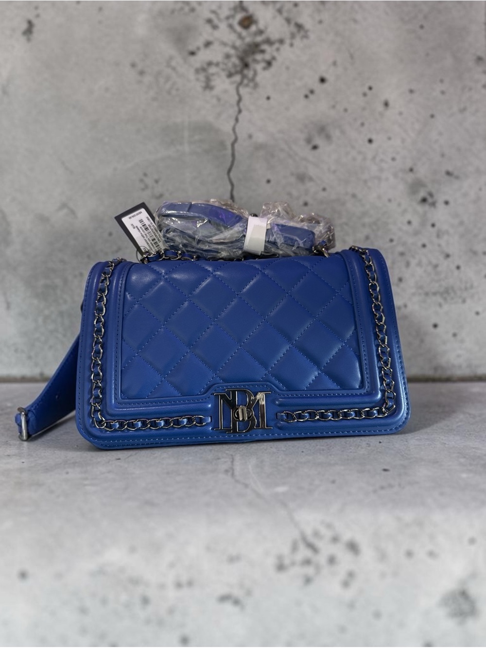Badgley Mischka Blue Leather Crossbody and Ring Details